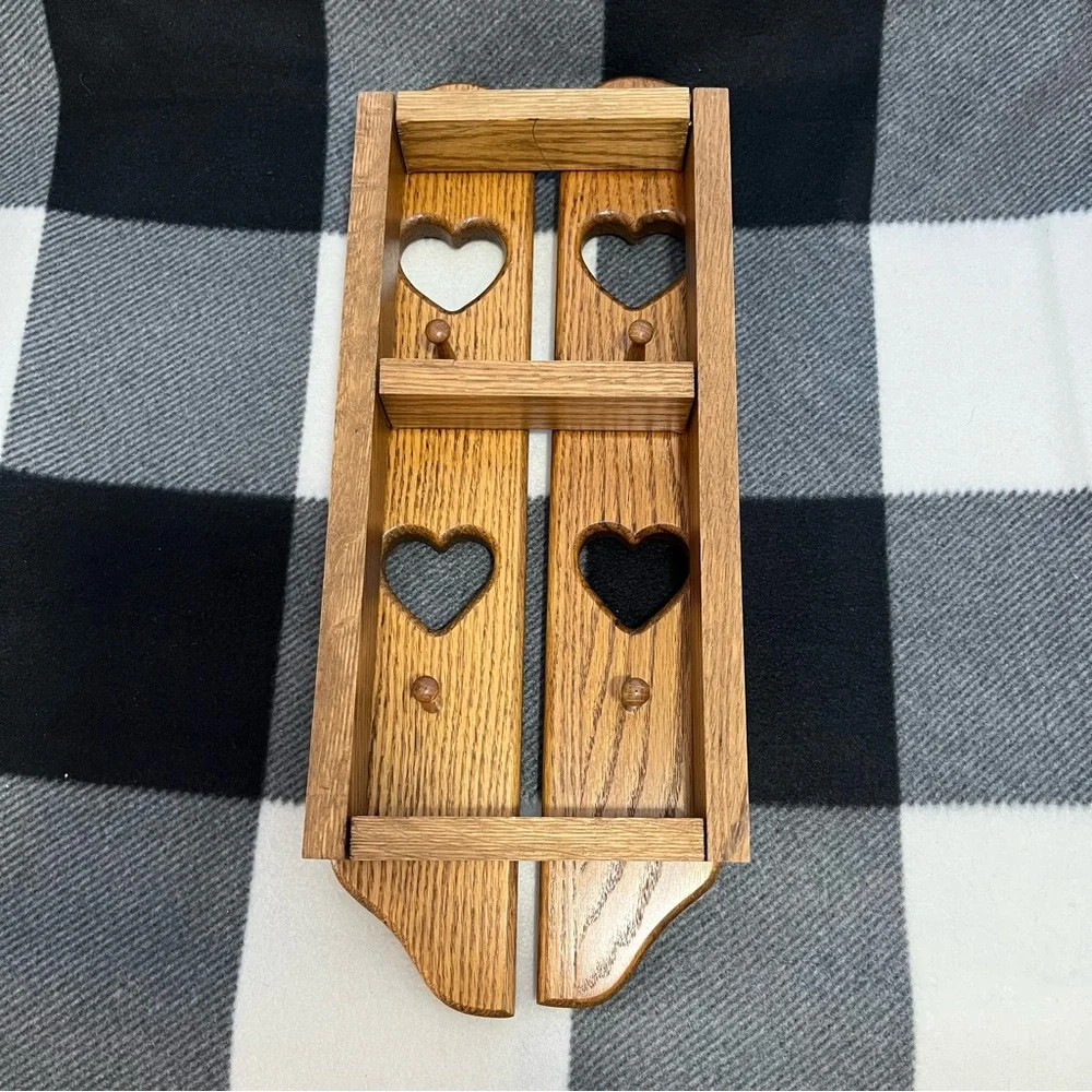 Rustic Amish Handcrafted Wood Wall Mount with Doors Heart Cut-out Peg Hooks
